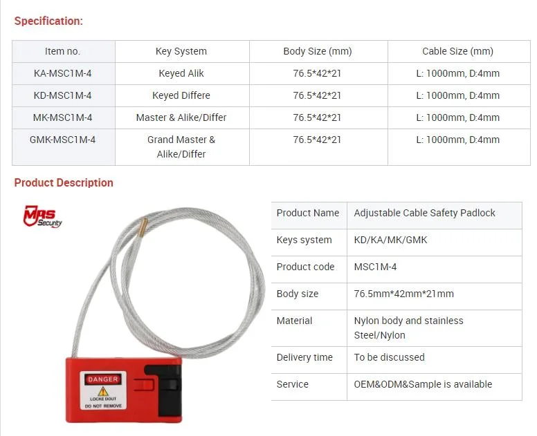 Length Customized Adjustable Cable Security Lockout Padlocks Steel Adjustable Cable Safety Padlock